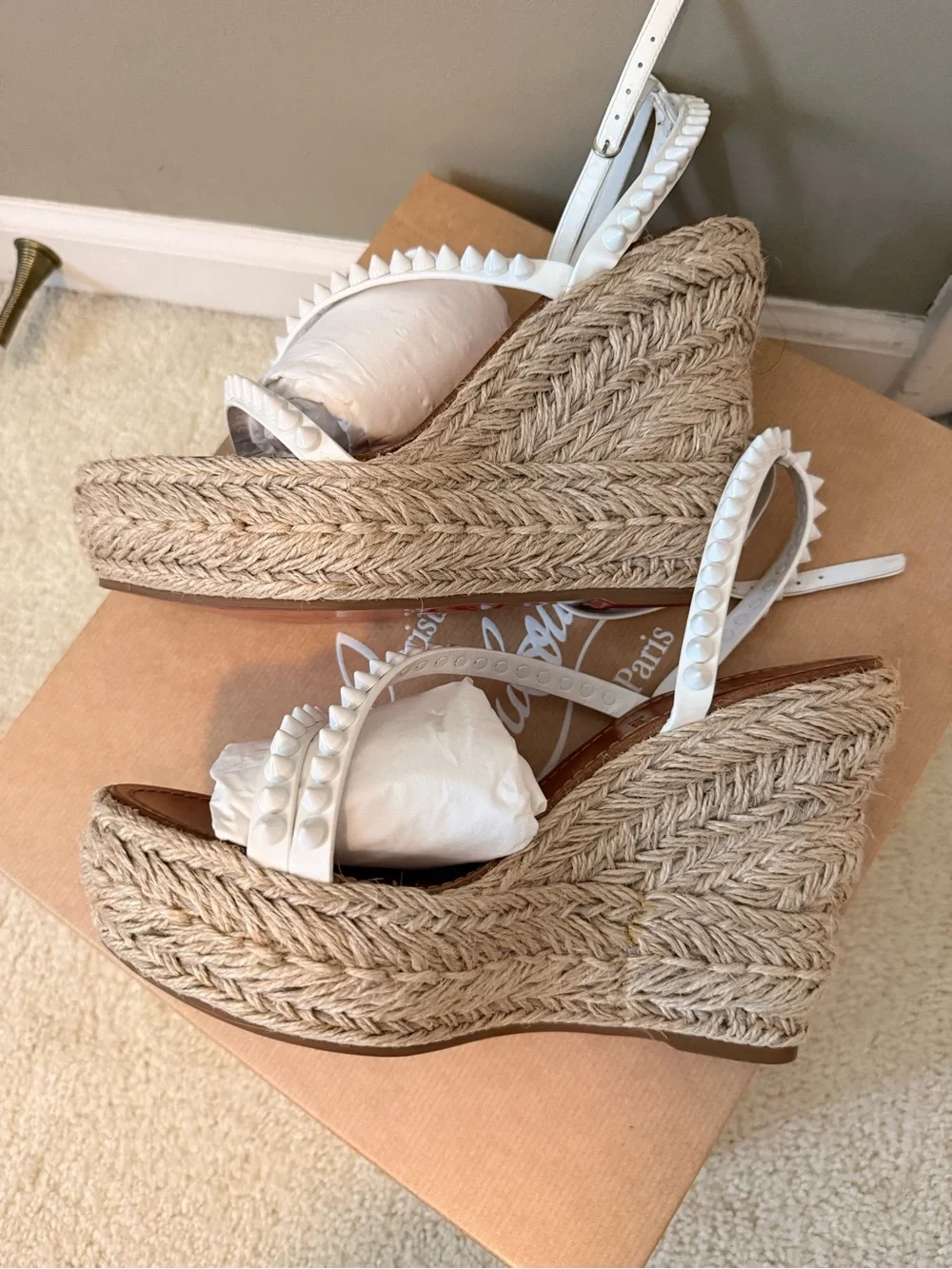 Christian Louboutin Mafaldina Zeppa 120 White Spiked Espadrille Wedges 39